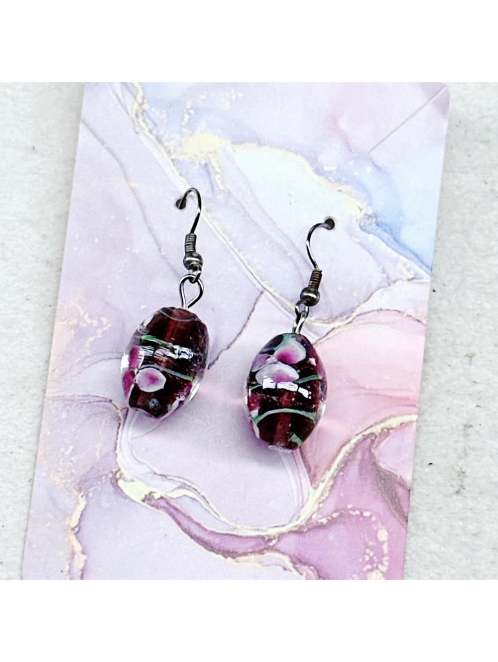 3016u. Purple Flower Earrings Glass